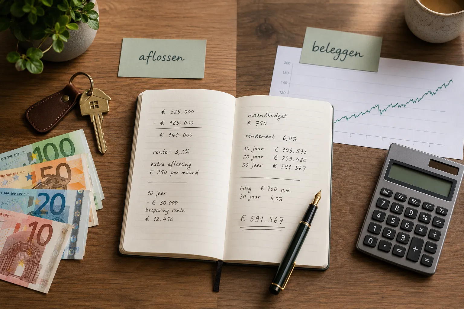 Bureau van bovenaf met twee papieren labels: links 'aflossen', rechts 'beleggen'. Links een huissleutel met huisvormige hanger en een waaier eurobiljetten; in het midden een opengeslagen notitieboek met handgeschreven hypotheek- en rendementsberekeningen en een vulpen; rechts een oplopende grafiek en een rekenmachine.
