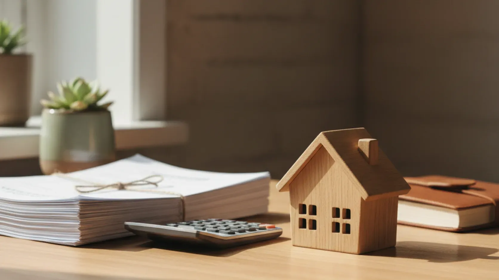 Houten modelhuisje op een bureau naast een stapel hypotheekpapieren, een rekenmachine en een plantje.