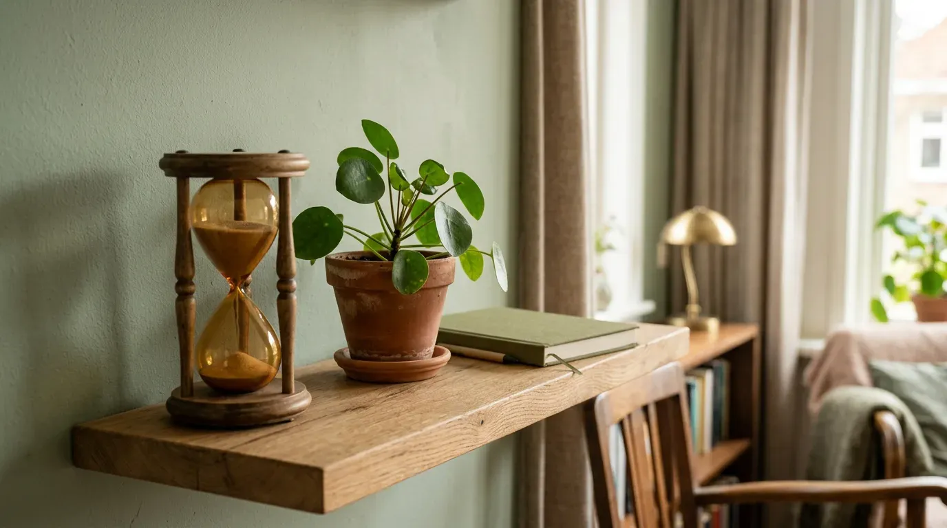 Zijaanzicht van een houten zandloper naast een klein kamerplantje en een notitieboekje op een zwevende eiken plank tegen een salie-groene muur, warm daglicht, geen personen in beeld