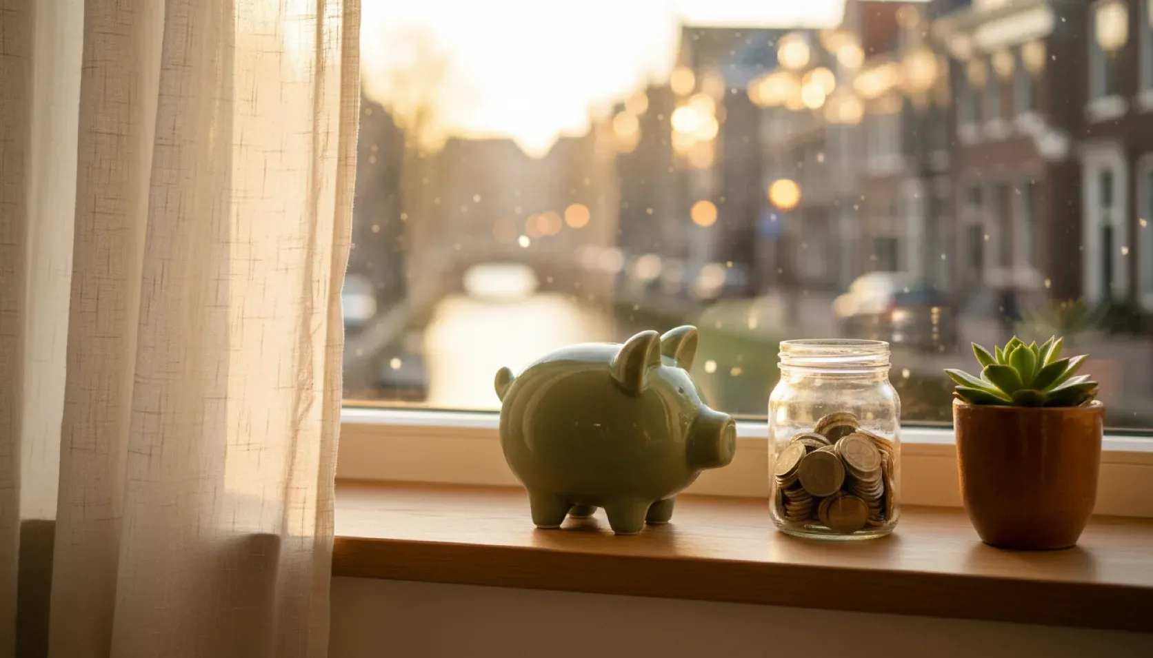 Groene spaarpot en glazen pot met euromunten op een houten vensterbank, met zicht op een Nederlandse gracht in avondlicht