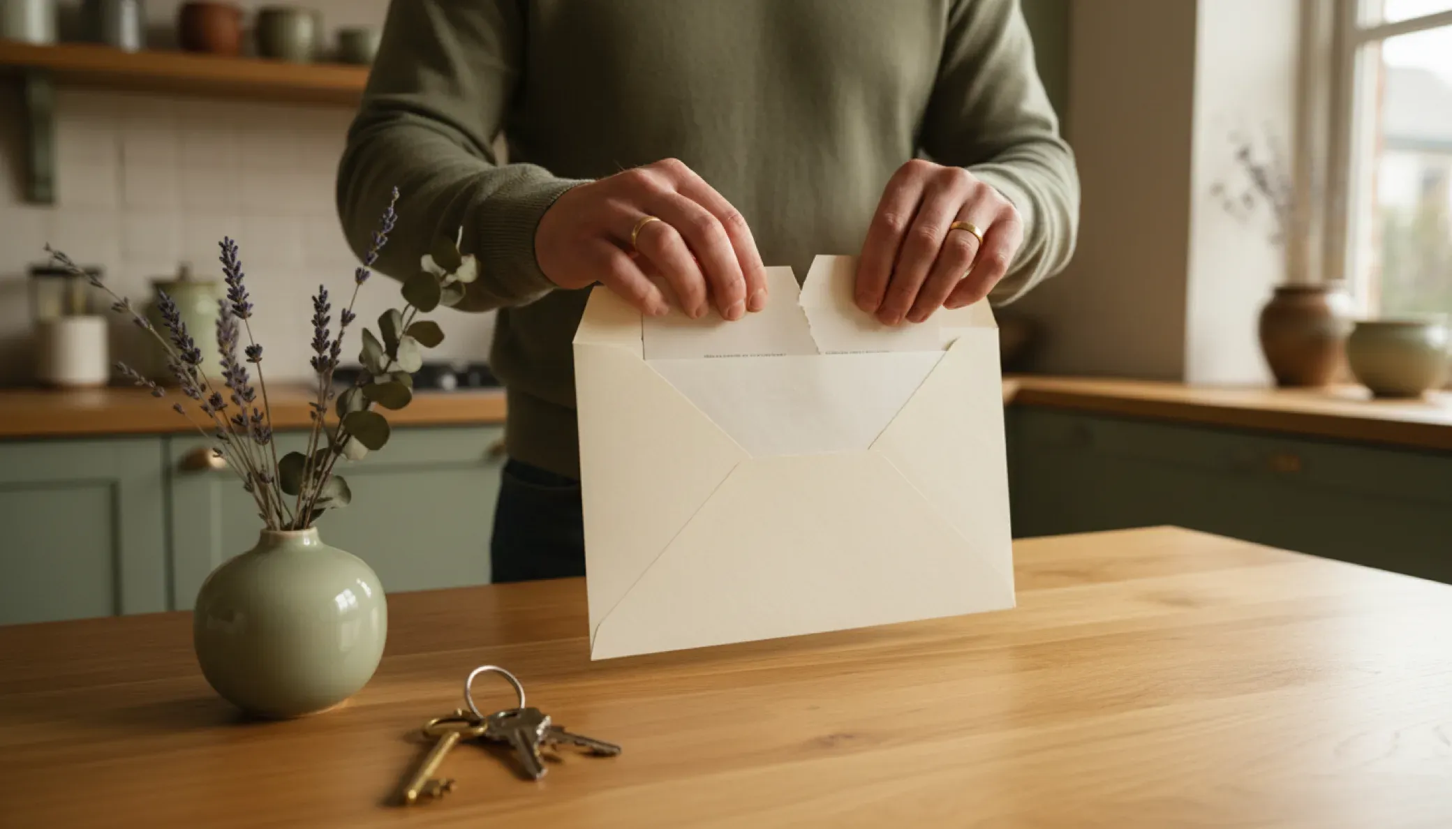 Handen openen aan een eiken keukentafel een envelop met de WOZ-beschikking, met huissleutels ernaast
