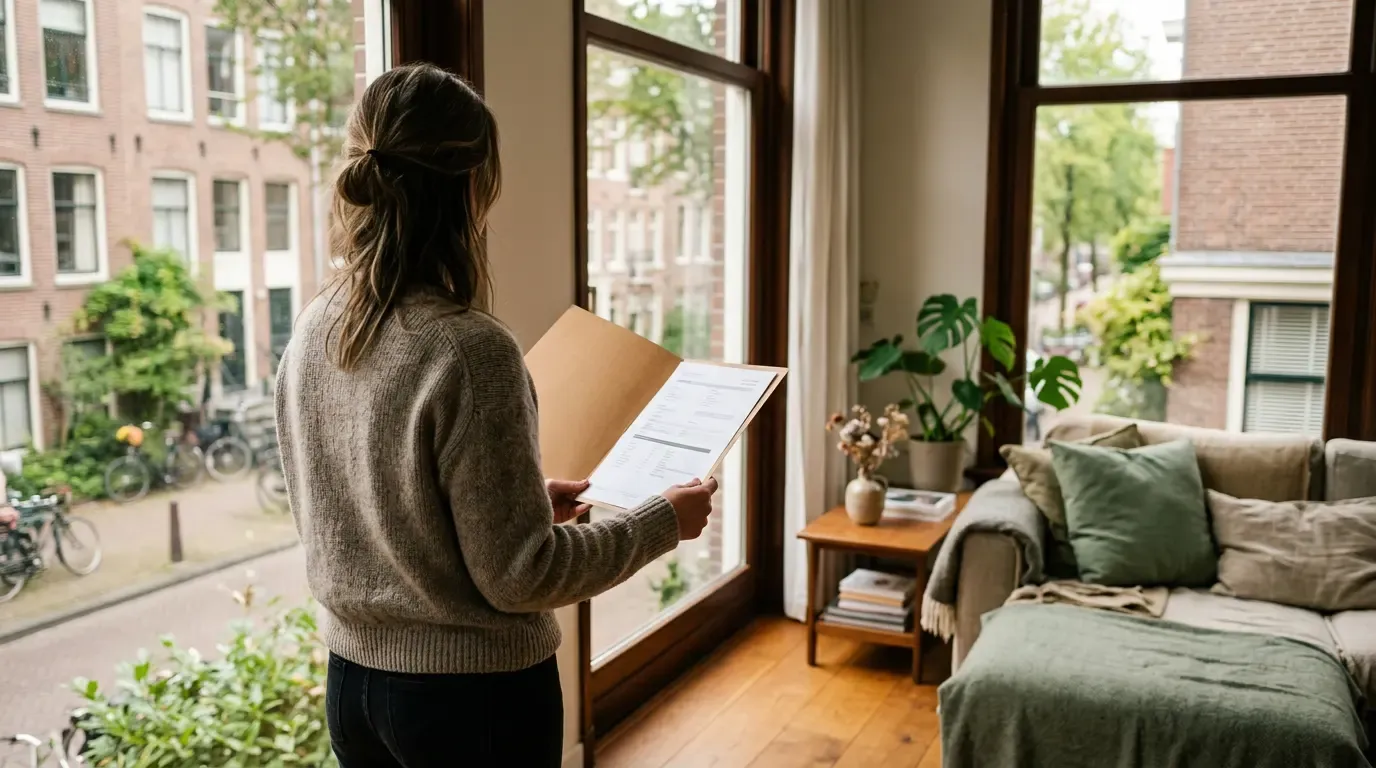 Persoon van achteren gezien, staand bij een raam met veel daglicht, een geopende map met een overzicht in de hand, wazig zicht op een woonkamer op de achtergrond