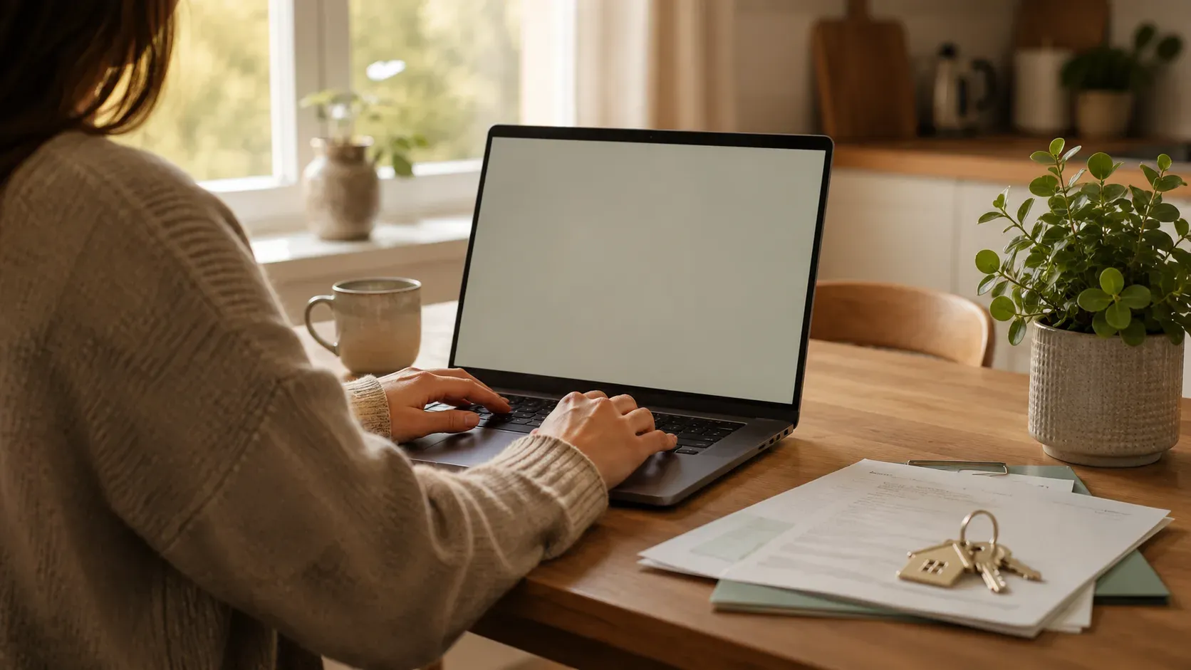 Iemand werkt aan een laptop aan de keukentafel, met hypotheekpapieren en huissleutels ernaast.