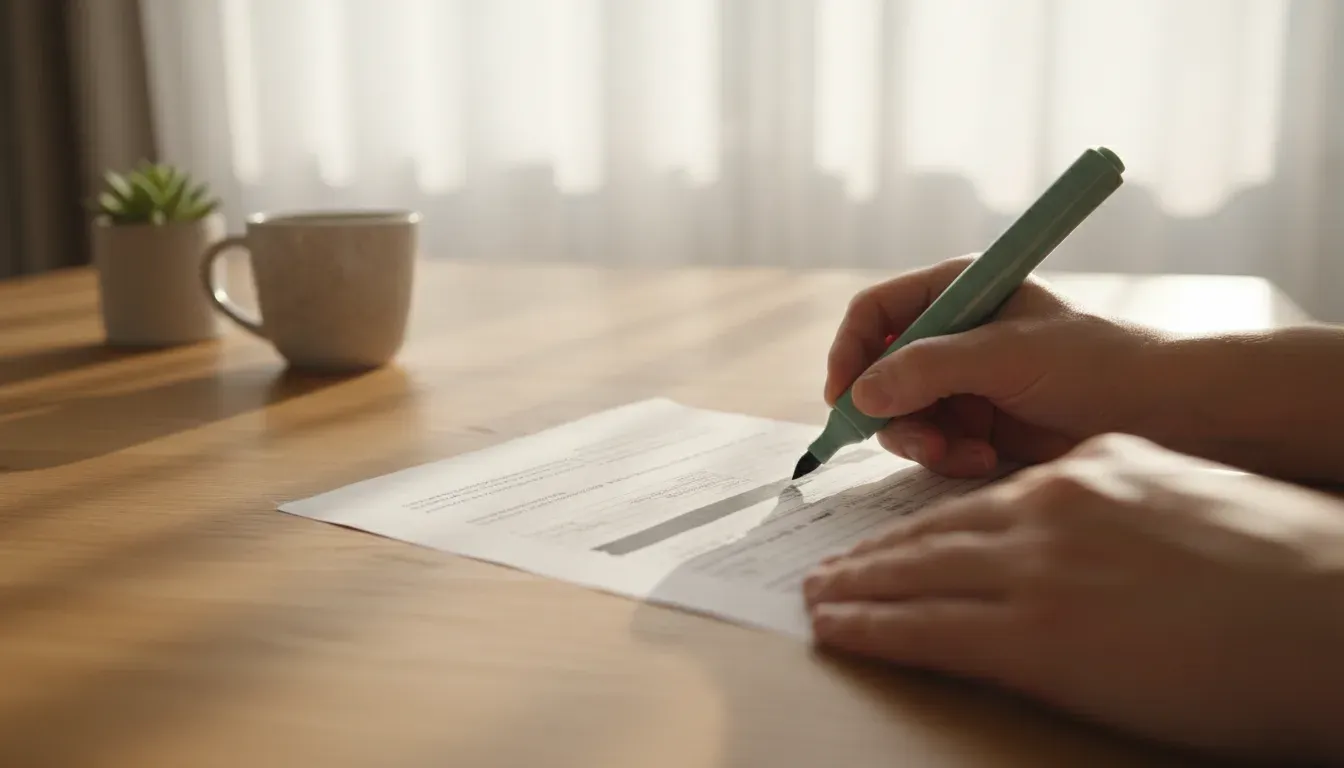 Handen anonimiseren een papieren belastingdocument met een groene markeerstift aan een houten tafel