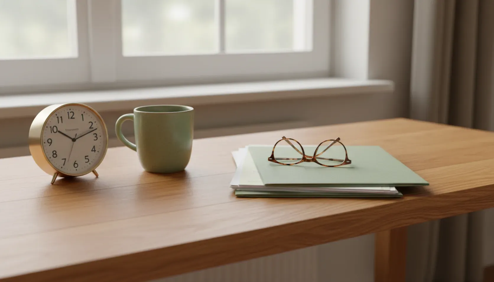 Eiken bureau bij een raam met ochtendlicht, met een wekker, saliegroene mok en een leesbril op een mapje pensioenpapieren.