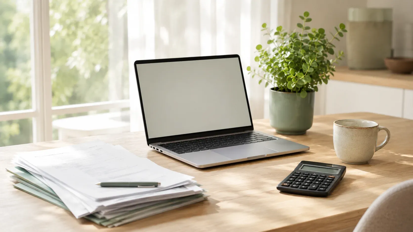 Licht bureau met belastingpapieren, laptop, rekenmachine en een plantje, symbool voor het nachecken van je aangifte.