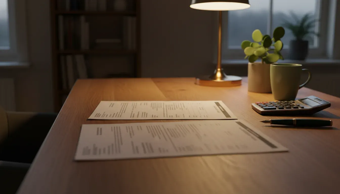 Twee hypotheekoffertes naast elkaar op een eiken bureau in lamplicht, met een rekenmachine en pen ernaast, alsof ze vergeleken worden.