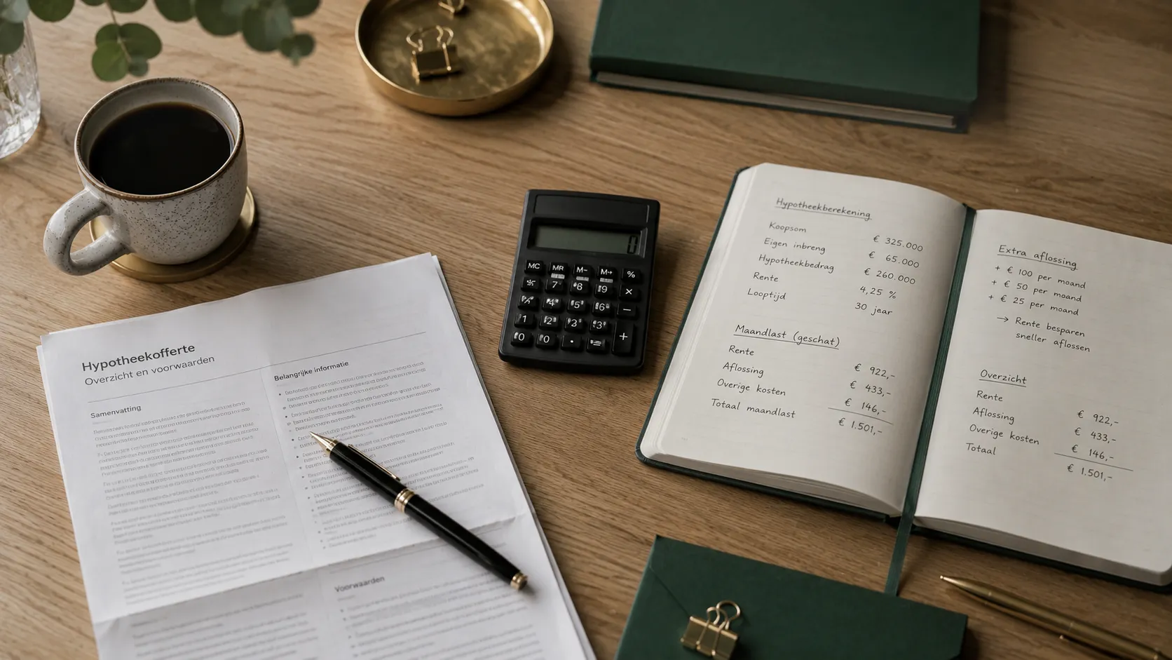 Bureau gezien van bovenaf: hypotheekofferte, vulpen, calculator en open notitieboekje met handgeschreven berekeningen.