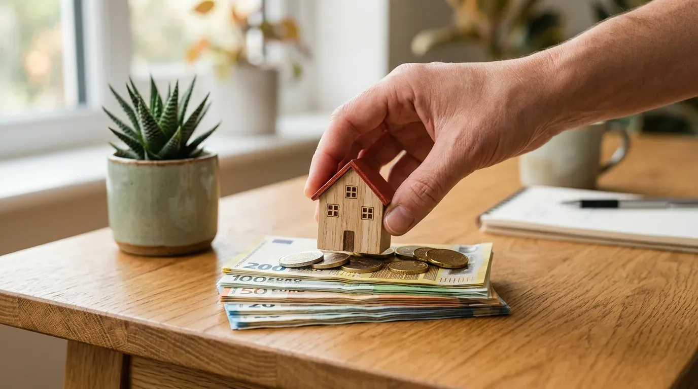 Close-up van een hand die een klein houten huismodel op een stapel euromunten en bankbiljetten plaatst, op een eiken bureau in warm daglicht, geen personen in beeld