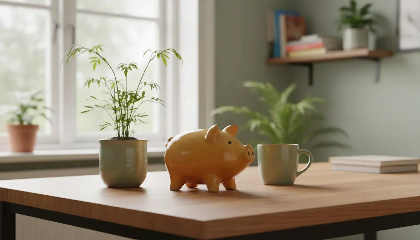 Zijaanzicht van een houten bureau bij een raam: een klein spaarpotje naast een jonge plant in een pot, zacht daglicht, geen mensen in beeld