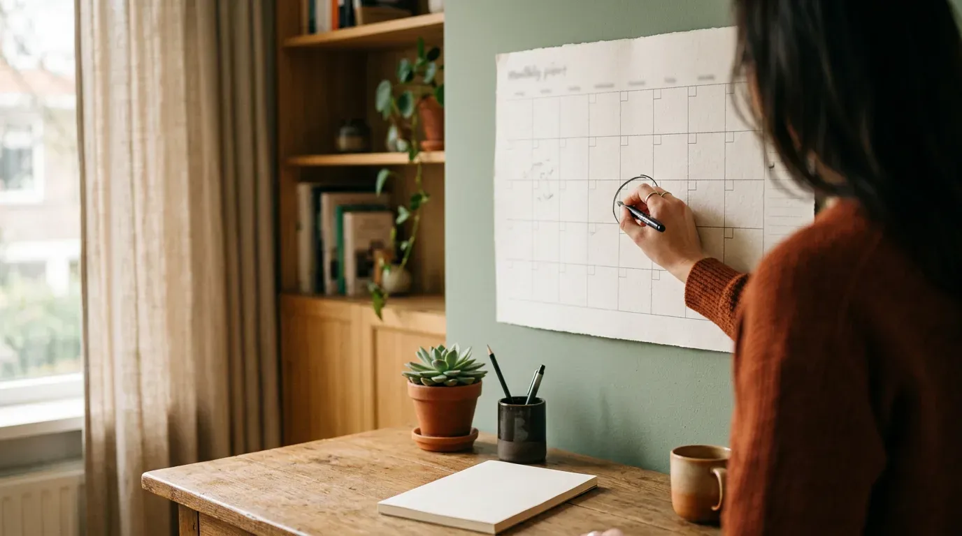Over de schouder gezien: een hand die met een pen iets aanstipt op een wandplanner, met een klein plantje en een notitieboek op het bureau eronder.