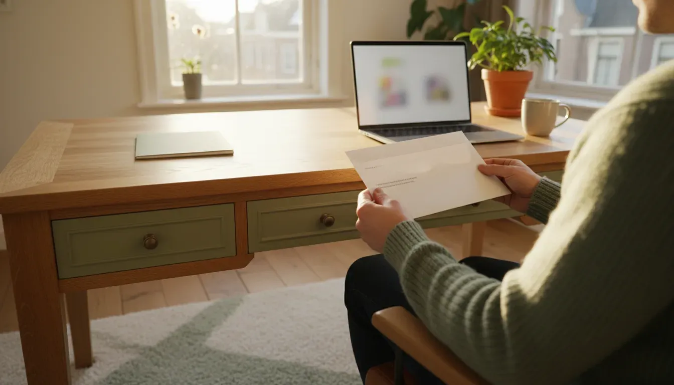 Bureau van bovenaf met een belastingbrief, laptop en rekenmachine, sfeer van financiële administratie doornemen.